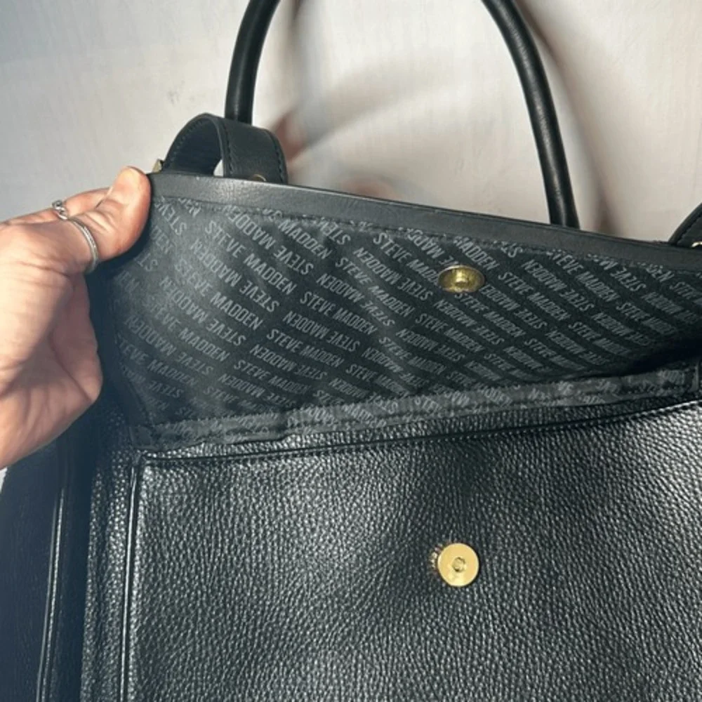 Steve Madden Black Pebbled Vegan Leather Satchel Bag Gold Hardware Top Handle